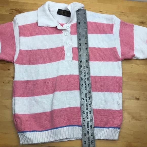 VTG Eddie Bauer Short Sleeve Sweater Made in USA Pink Stripe Half Button - Picture 14 of 14